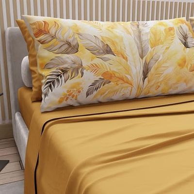 PETTI Artigiani Italiani - Sábanas matrimoniales de algodón con Fundas de Almohada con impresión Digital, sábana Completa para Cama de Matrimonio Maxi fantasía Palma Amarillo, 100% Made in Italy