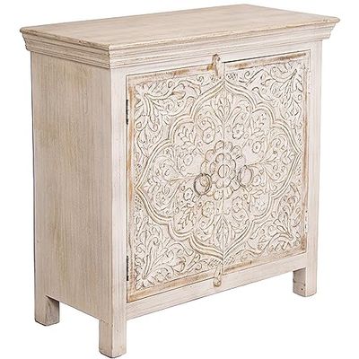 MUEBLE ENTRADA MADERA MANGO C/2 PUERTAS TALLADAS BLANCO DECA_90X40X90CM ALT. PATAS:10CM