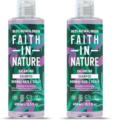 Faith In Nature Natural Lavender & Geranium Shampoo, Balancing for Normal Hair & Scalp, Vegan & Cruelty Free, No SLS, Silcones or Parabens, 400ml (Pack of 2)