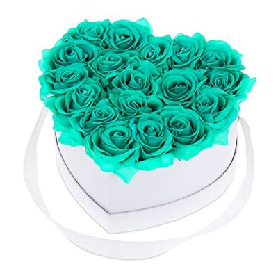 Relaxdays Caja Rosas Artificiales Corazón, Flores, Cajita Blanca, Duran 10 Años, Idea Regalo, Decorativa, Turquesa, Poliéster, 18 Rosen