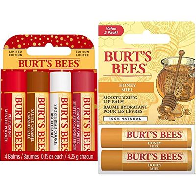 Burt’s Bees Confezione Regalo Balsamo Labbra Idratante, 4 Burrocacao al Gusto di Shortbread Cookie, Mirtillo Rosso 4x4,25 g & Balsamo labbra idratante naturale, miele con cera d’api, 4.25g