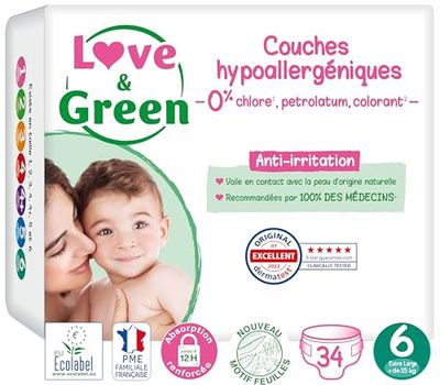 Love & Green - Pañales Saludables y Ecológicos para Bebés - Talla 6 (15+ kg) - 34 pañales - Absorbentes, anti-fugas y sin ingredientes indeseables