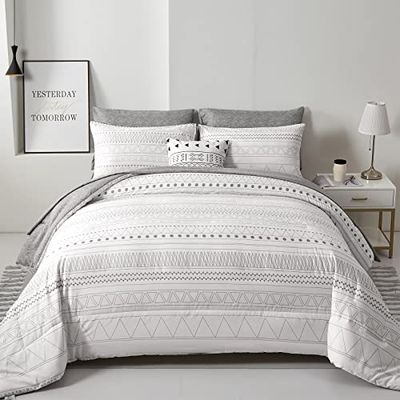 WONGS BEDDING Parure de lit complète 7 pièces en Microfibre Douce avec draps, taies d'oreiller et Couvre-oreillers en Microfibre Douce pour Toutes Les Saisons - Motif géométrique - Gris et Blanc