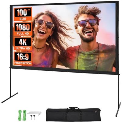 VEVOR Projectorscherm met standaard, 100 inch 16:9 4K 1080 HD outdoor filmscherm met standaard, kreukvrij projectiescherm met staafpoten en draagtas, voor thuisbioscoop, achtertuin, filmavond