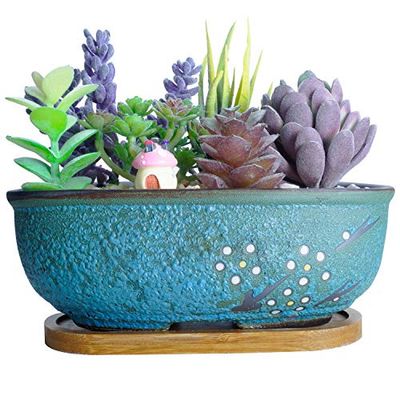 ARTKETTY Macetas de cerámica para suculentas, Maceta Rectangular de bonsái de 20 cm con Agujero de Drenaje, pequeño contenedor de Plantas de Cactus esmaltado, Caja de Ventana de jardín con Bandeja