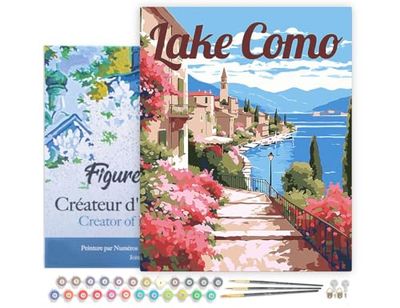 Figured'Art Peinture par Numéro Adulte avec Cadre Affiche de voyage lac de Côme en fleurs - Activité Manuelle Kit de Loisir Créatif DIY Numéro d'Art Complet - 40x50cm toile tendue sur châssis