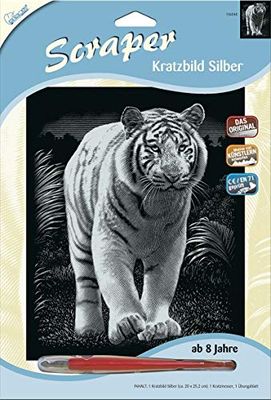 MAMMUT 136040 – Repbild, motiv tiger, silver, glänsande, komplett set med skrapkniv och övningsblad, skrapningar, kritel, repset för barn från 8 år