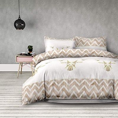 AmeliaHome 06587 - Juego de Funda nórdica (2 Piezas, 135 x 200 cm, 1 Funda de Almohada de 80 x 80 cm, 100% algodón, diseño de Ondas, Cierre de Cremallera, diseño de Ciervo, Color Blanco y Beige