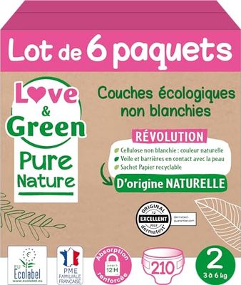Love & Green Pure Nature Pack de 210 Couches écologiques non blanchies T2 x 35 (3-6 kg)