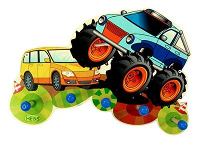 Hess Holzspielzeug 30297 Cabide de madeira, série Monster truck, com 5 ganchos, para crianças, aprox. 37 x 25 x 6,5 cm, feito à mão, como ponto de atração em qualquer quarto infantil e corredor