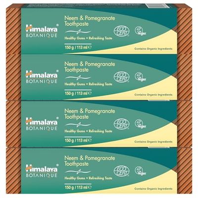Ecocert Cosmos Natural Certified Himalaya Botanique Dentifricio Neem e Melograno con Estratti di Erbe Biologiche, Combatte la Placca, Sbianca i Denti, Senza Fluoro, Senza SLS, 150g (4 pacchi)