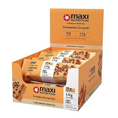 MaxiNutrition Premium Protein Bar - High Protein Snack - Low in Sugar - 15g Protein - Cinnamon Crunch, Under 190 kcal per Serving, 12 x 45g