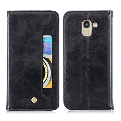 Carcasa de telefono for la Galaxia J6 la Hebilla de Cobre Nappa Textura Horizontal de Cuero del tirón del Caso, con el sostenedor y Ranuras for Tarjetas y Monedero (Negro) (Color : Negro)
