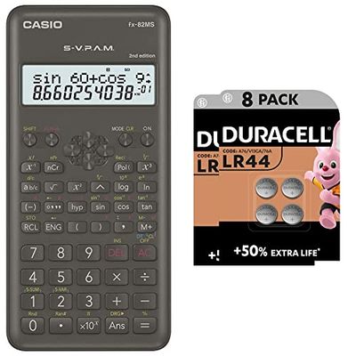 Casio FX-82MS-2 Calculatrice Scientifique Alimentation par Pile, Gris + Duracell LR44 Pile Bouton alcaline 1,5V, Lot de 8 (76A / A76 / V13GA), pour Jouets, calculatrices et appareils de Mesure