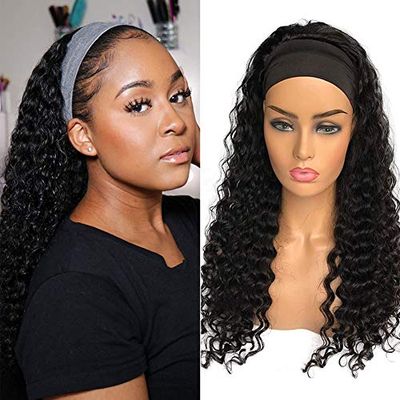 XSY Headband Wig Human Hair Headband Half Wigs Human Hair 10A Brazilian Glueless Human Hair Wigs None Lace Front Wigs Deep Wave 150% Density Natural Color 20 Inch