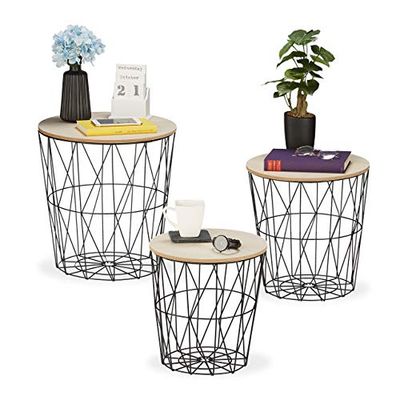 Relaxdays Basket Side Table, 3 Sizes, Wired Storage, Metal & Wood Look, Sofa or Bedside Stand, Decorative, Black/White