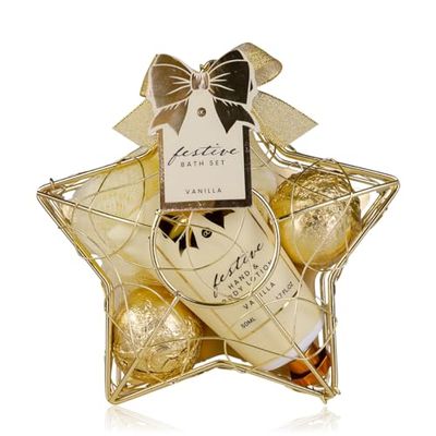 Accentra – Set doccia da donna FESTIVE in cestello metallico oro – Set di 3 pezzi con lozione a mano e per il corpo, spugna da bagno e rete – Set regalo per compleanno e Natale