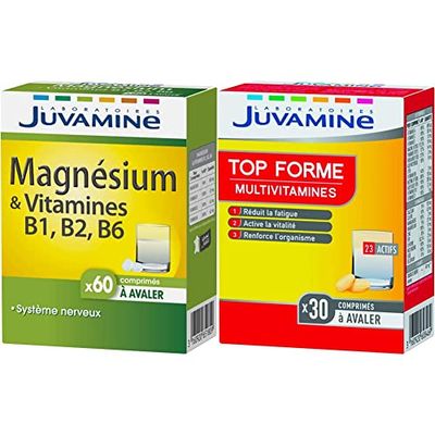 JUVAMINE - Magnésium + Vitamines B1,B2,B6-60 Comprimés & Top Forme Multivitamines - Aide à réduire la fatigue - Soutient l'immunité - 30 Comprimés à avaler - Fabrication Française