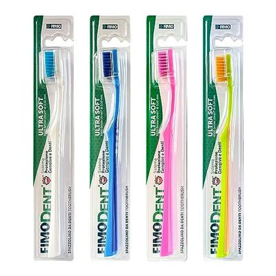 Fimodent Ultra Soft Spazzolino con Sistema Protezione Gengive e Denti - Dotato di 6580 Setole UltraX con Durezza Ultra Morbida Delicate su Gengive e Smalto - 4 Spazzolini di Colori Assortiti