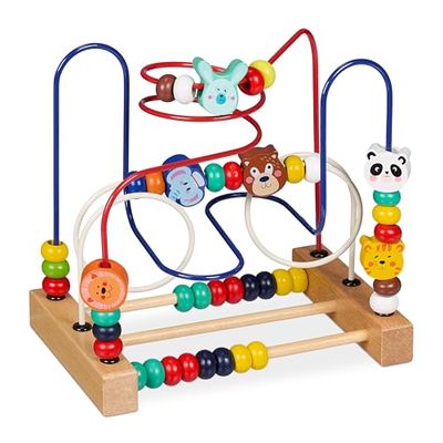 Relaxdays Laberinto de Bolitas, Juego Motricidad Fina, Madera, Diseño B, Juguete Niños a Partir de 1 Año, Multicolor, Hierro, 21 x 22,5 x 14,5 cm