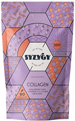 SYZYGY FOOD | Colágeno con Ácido Hialurónico, Coenzima Q10, Vitamina A, C, D, B12 y Zinc | 750mg | 90 Cápsulas para 90 Días | Energía, Articulaciones Fuertes | Colágeno Hidrolizado Fabricado en España