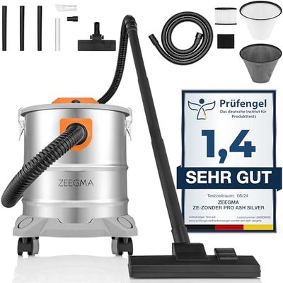 Zeegma ZONDER PRO ASH Droogzuiger voor as en puin, industriële stofzuiger, 1600 W, roestvrijstalen container 20 liter, uitblaasfunctie, kabel 6 m, Handige accessoireshittebestendig filter en HEPA