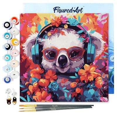 Figured'Art Mini Schilderen op Nummer Volwassenen 20x20cm met Fantasie koala en bloemen - Klein Formaat Creatieve Hobby Kit DIY Art Nummer Compleet
