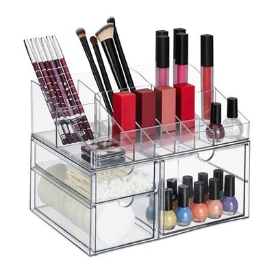 Relaxdays Organiseur à Maquillage, 14 Compartiments & 3 tiroirs, Vernis, Crayons à lèvres, Plastique, Transparent