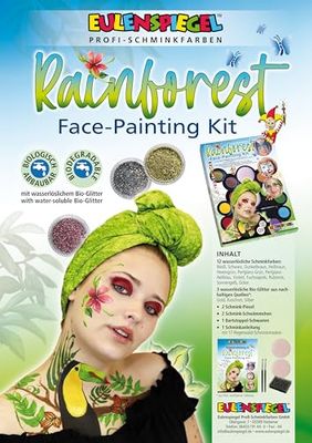 Eulenspiegel 212097 - Paleta de maquillaje Rainforest Face, 12 colores aqua profesionales, 3 purpurinas, 2 esponjas, 1 esponja para barba incipiente, 2 pinceles, 1 guía de maquillaje
