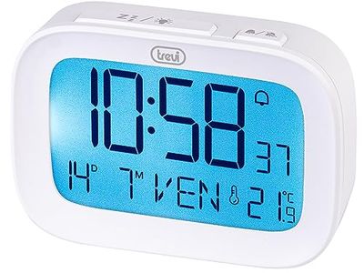 Trevi SLD 3850 Réveil numérique avec thermomètre intégré, Grand écran LCD, Horloge et Calendrier, Fonction Snooze, Blanc