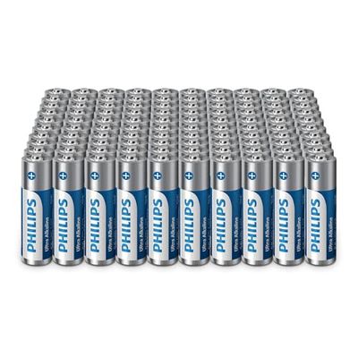Philips Ultra AA alkaliska batterier – storpack för enheter och kontor, paket med 100
