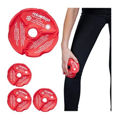 Relaxdays Fascia Ghiaccio per Ginocchio, Set da 4 Cuscinetti Termici per Terapia Caldo o Freddo, Riutilizzabile, Rosso, Poliestere