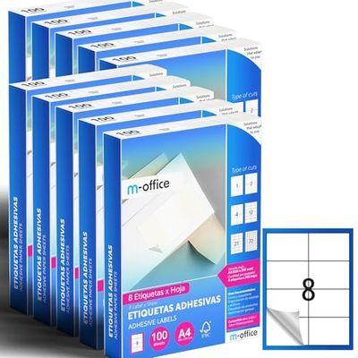 M-office Etiquetas Adhesivas A4 compatible con Label Printer, Pegatinas Blancas Adhesivas para Uso Diario, Papel Adhesivo para Imprimir, Pegatinas para Escribir (8 por hoja, 1000h)