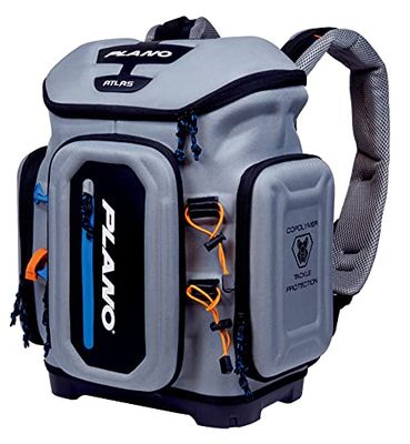 Plano Atlas 3700 Sac à dos de pêche en EVA gris, comprend 3 boîtes utilitaires estowaway 3750 pour vers, leurres et appâts, base imperméable et antidérapante