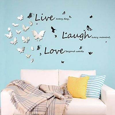Walplus (TM: combinación de Pegatinas, Espejo con Cita Live Laugh Love y Arte de Pared simétrico de Mariposas-decoración para el hogar, 160 cm x 100 cm, PVC, Multicolor