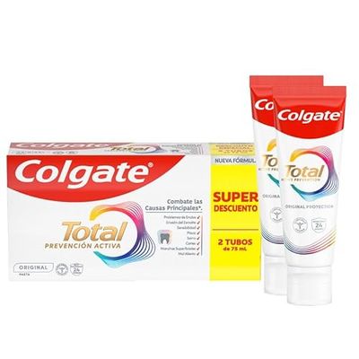 Colgate Całkowita oryginalna aktywna profilaktyka Pasta do zębów 2x75ml | Zwalcza główne przyczyny* problemów zdrowotnych jamy ustnej | 24h Antybakteryjna ochrona¹ | Udowodnione klinicznie
