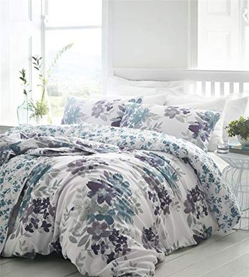 Kew Akvarell Blommig Täcke och Örngott Sänguppsättning, Percale Bomull, Blå, Dubbel