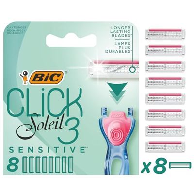 BIC Lame per rasoio da donna Click 3 Soleil Sensitive, confezione da 8 ricariche per rasoio bagnato curativo con 3 lame
