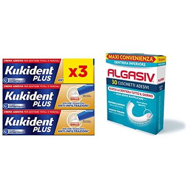 Kukident Plus Crema Adesiva Sigillo 35g. Per Dentiere Totali E Parziali. Sapore Neutro. 3 Confezioni & ALGASIV Cuscinetti Adesivi per dentiera inferiore, 30 pezzi. Dura tutto il giorno