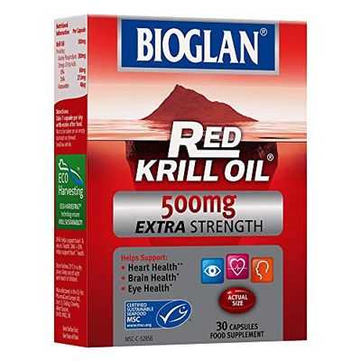 Bioglan Red Krill Oil | 500mg | High in Omega-3 | EPA & DHA | help Support Heart Eye & Brain health | One Month supply | 30 Capsules