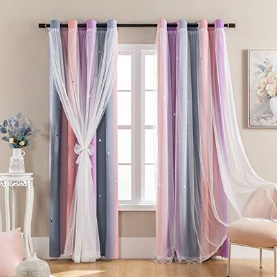 Dream Star - Cortinas opacas para habitación de niños, cortina de princesa para habitación de hija, ventana (gris, rosa, morado, 52 pulgadas de ancho x 63 de largo)