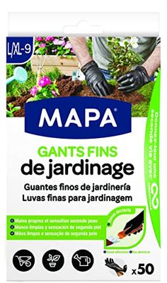 Mapa - Guantes finos de jardinería x 50 - Destreza y resistencia - Nitrilo y Vinilo - Caja dispensadora de 50 guantes finos - Negros - Talla L/XL