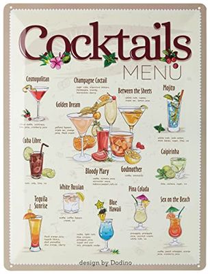 Dodino 30 x 40 cm metalen borden COCKTAIL MENU RECEPT decoratief woonaccessoire, decoratief metalen bord bord voor alle bars of pub eigenaren