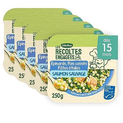 Blédina Les Récoltes Engagées - 5 assiettes d'Epinards, Pois cassés, Pâtes étoiles et Saumon Sauvage - Repas pour bébés dès 8 mois - Lot de 5 assiettes de 250g