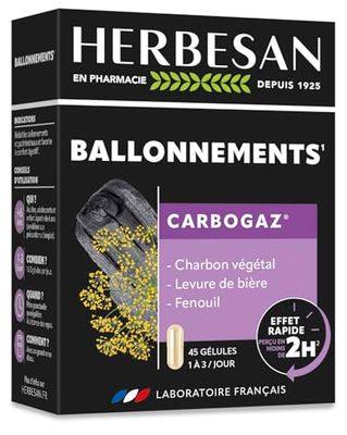 HERBESAN®-CARBOGAZ - Ballonements - Charbon végétal, Levure de Bière, Fenouil - Fabrication française - 45 gélules