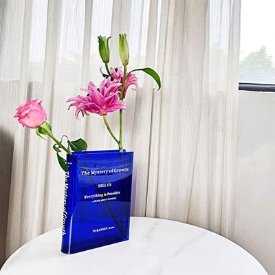 Puransen Acryl bloemenvaas voor esthetische kamerdecoratie - boekstijl voor moderne tafelplank woondecoratie geschikt voor kantoor bureau slaapkamer woonkamer centerpieces (transparant blauw)