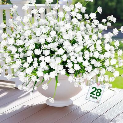 TURNMEON 20 Bundles Outdoor Artificial Flowers Plants Decoration - UV Resistant Plastic Flowers for Outside Faux Plants for Home Garden Spring Summer Decor(White-Eucalyptus)