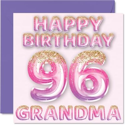 Tarjeta de cumpleaños número 96 para abuela, globos de purpurina rosa y morada, tarjetas de feliz cumpleaños para abuela de 96 años de parte de nieto y nieta, tarjetas de felicitación de cumpleaños de