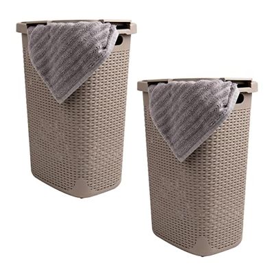 Mind Reader Basket Collection Lot de 2 paniers à linge fins, capacité de 60 litres, poignées découpées, couvercle à charnière attaché, ventilé, brun clair