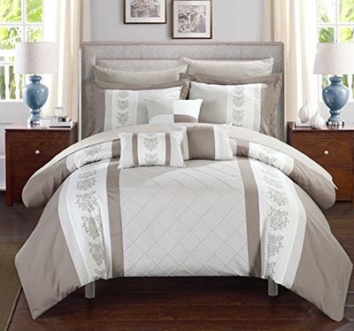 Chic Home 10 peças Clayton Pin Tuck Pieced bloco bordado conjunto de cama numa bolsa de edredão com conjunto de lençóis, rainha, cor bege